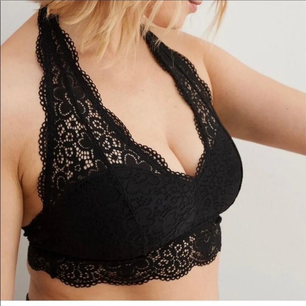 Aerie Wildflower Lace Padded Halter Bralette XXL Black